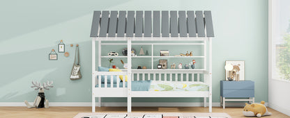 House Bed with Roof and Guardrails White