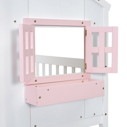 Twin House Bunk Bed with Ladder Pink White