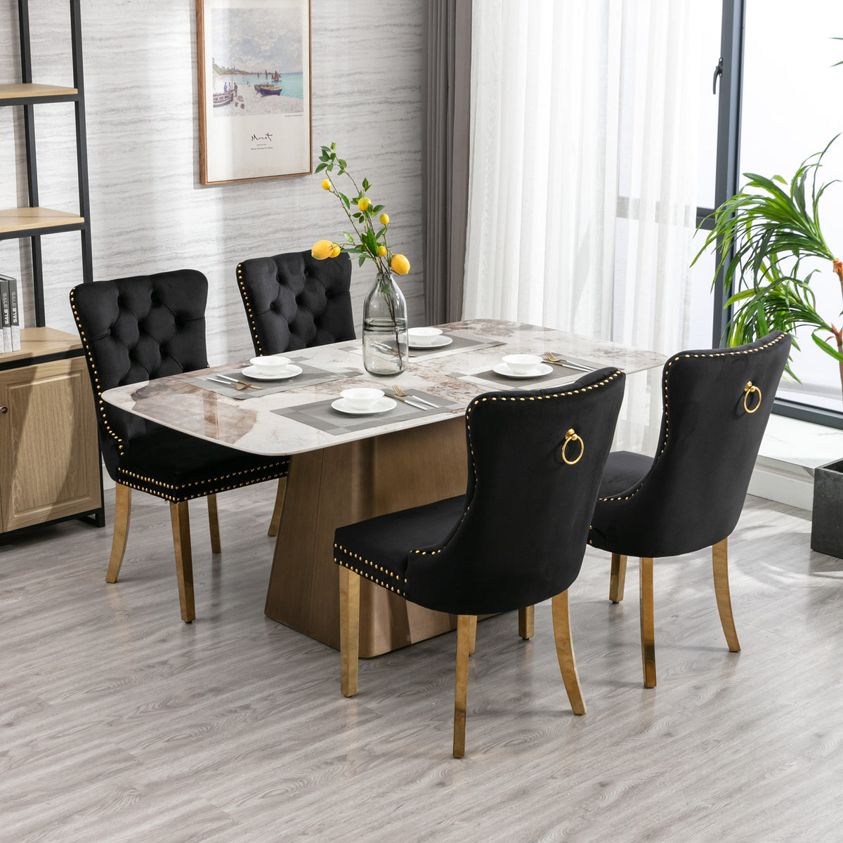 Velvet Dining Chair Set (2 pcs) – Black & Gold Trim
