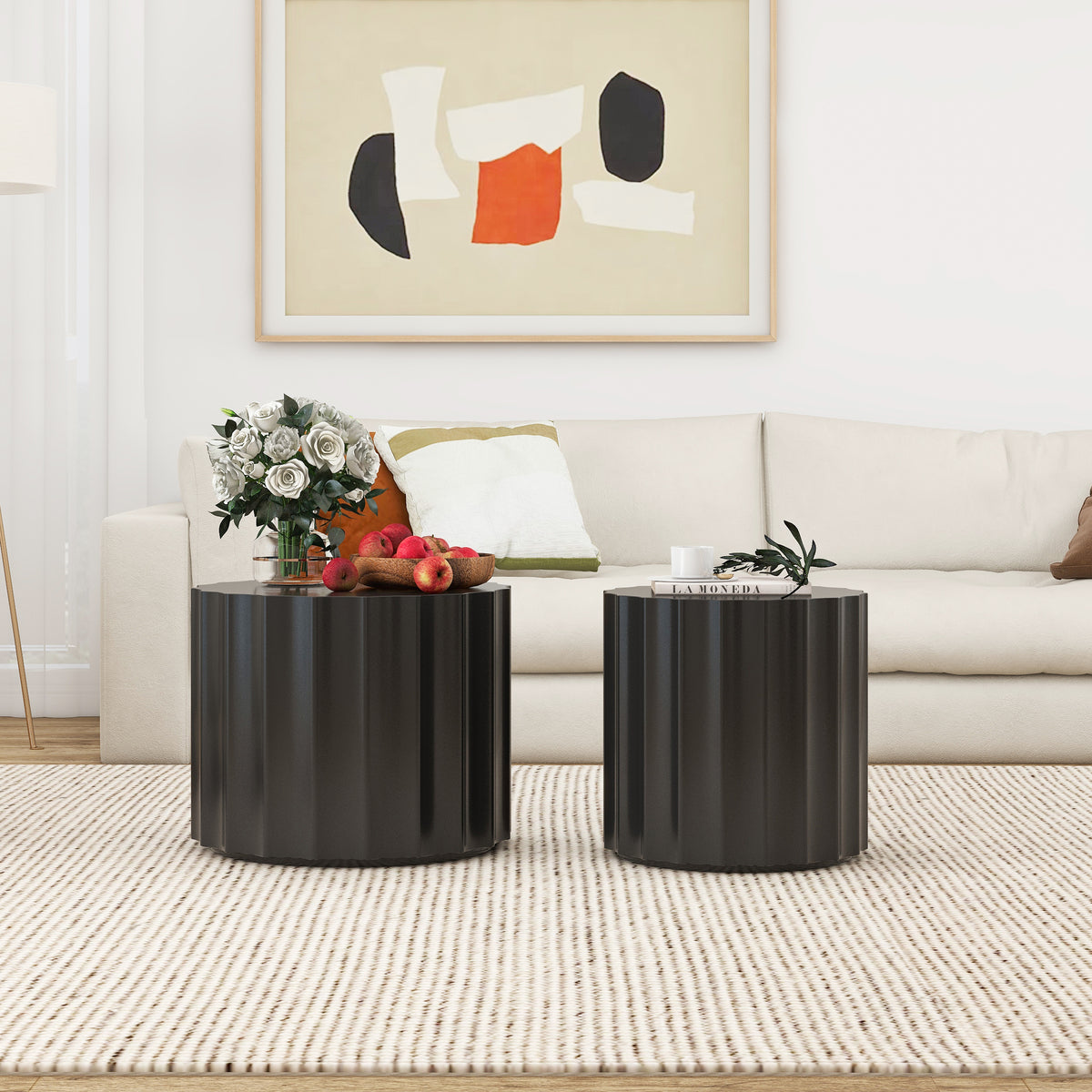 Black 2-Piece Round Nesting Coffee Table Set – Modern MDF with Lacquered Finish