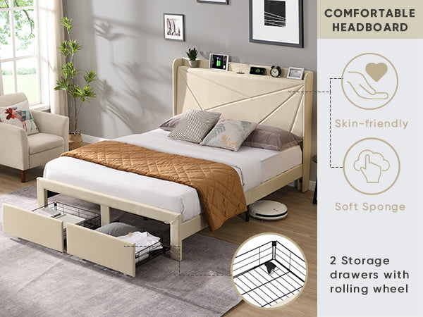 Full Size Upholstered Bed with Drawers – Beige