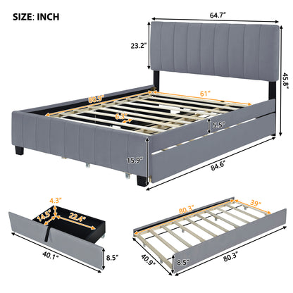 Velvet Upholstered Queen Platform Bed with Trundle Gray