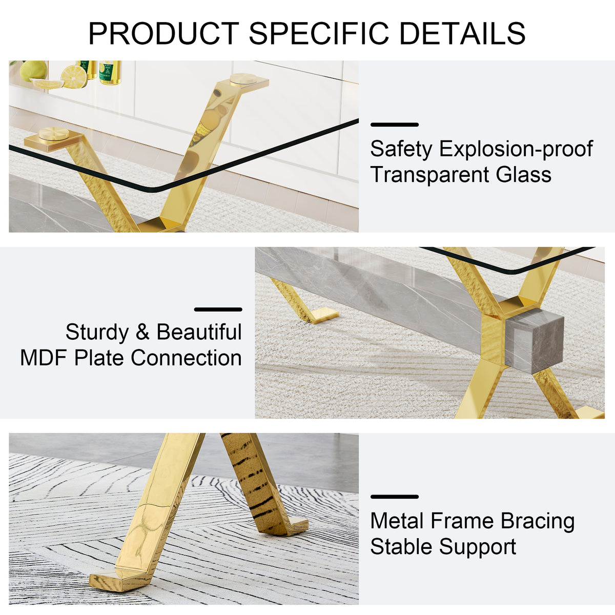 Glass Dining Table with Gold Metal Legs