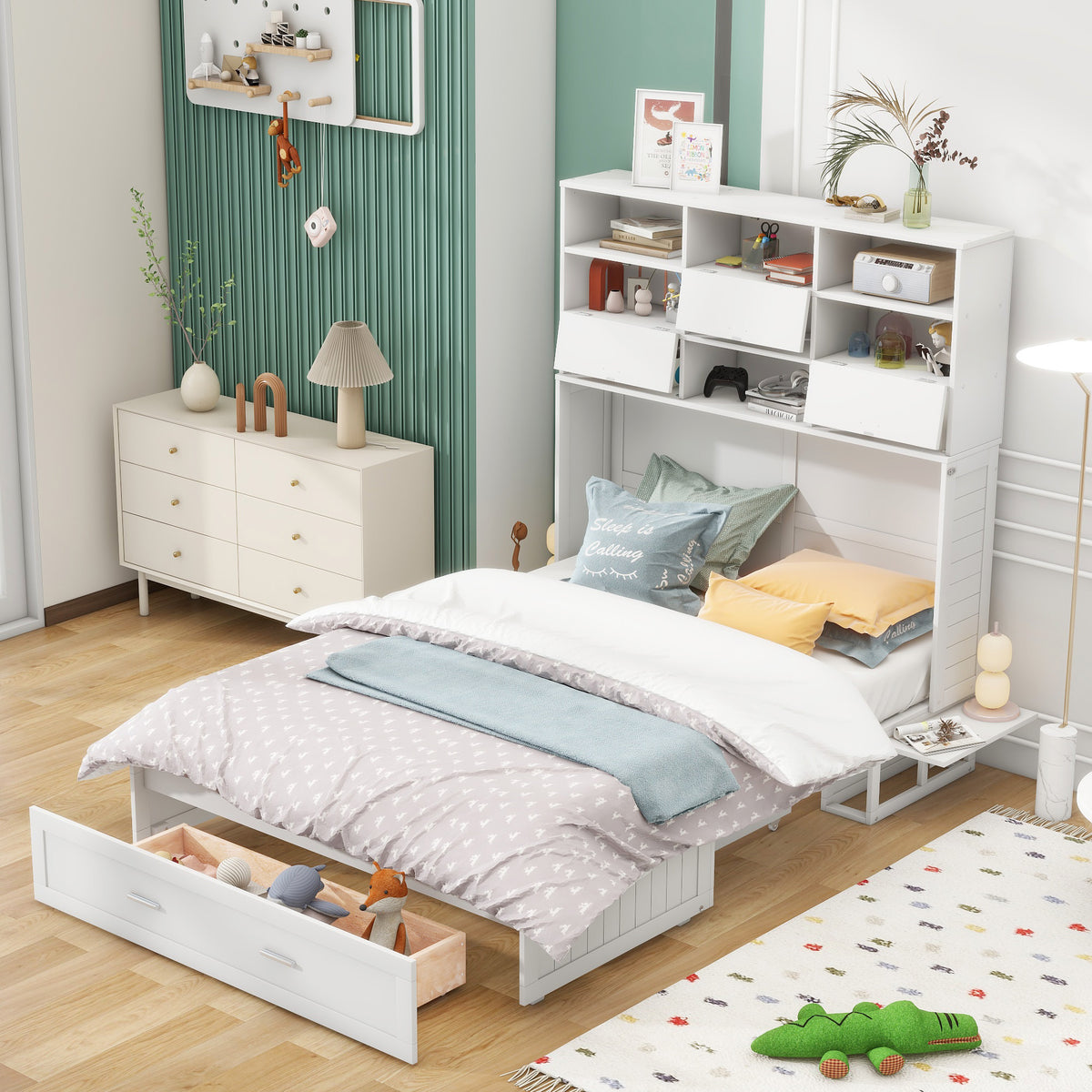 Queen Murphy Bed with Bookcase Storage – White
