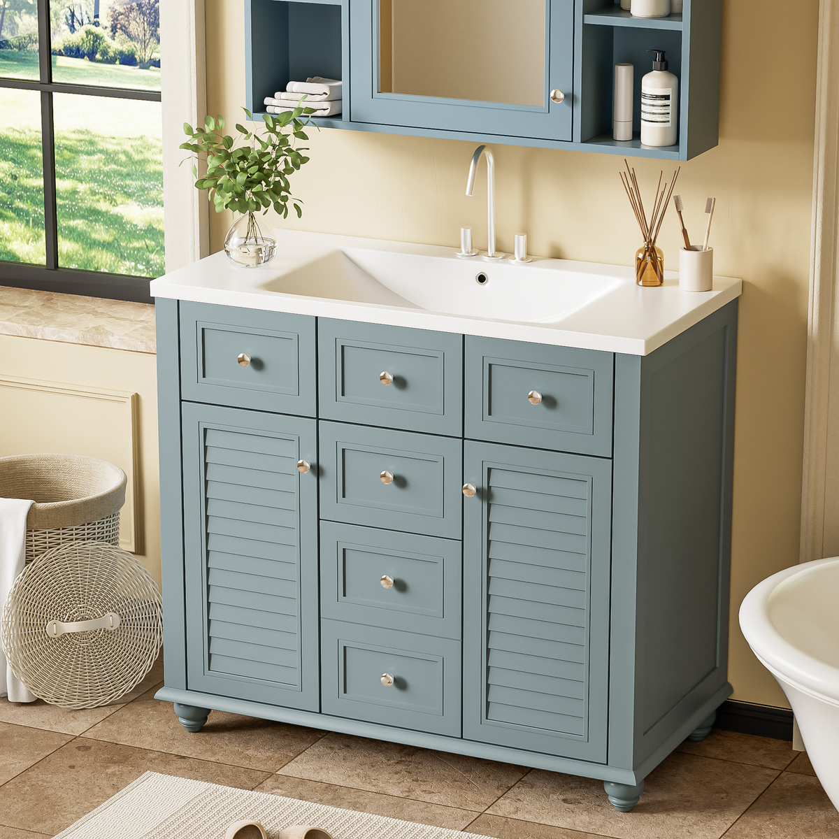 36-Inch Blue Bathroom Vanity with Resin Sink and Drawers