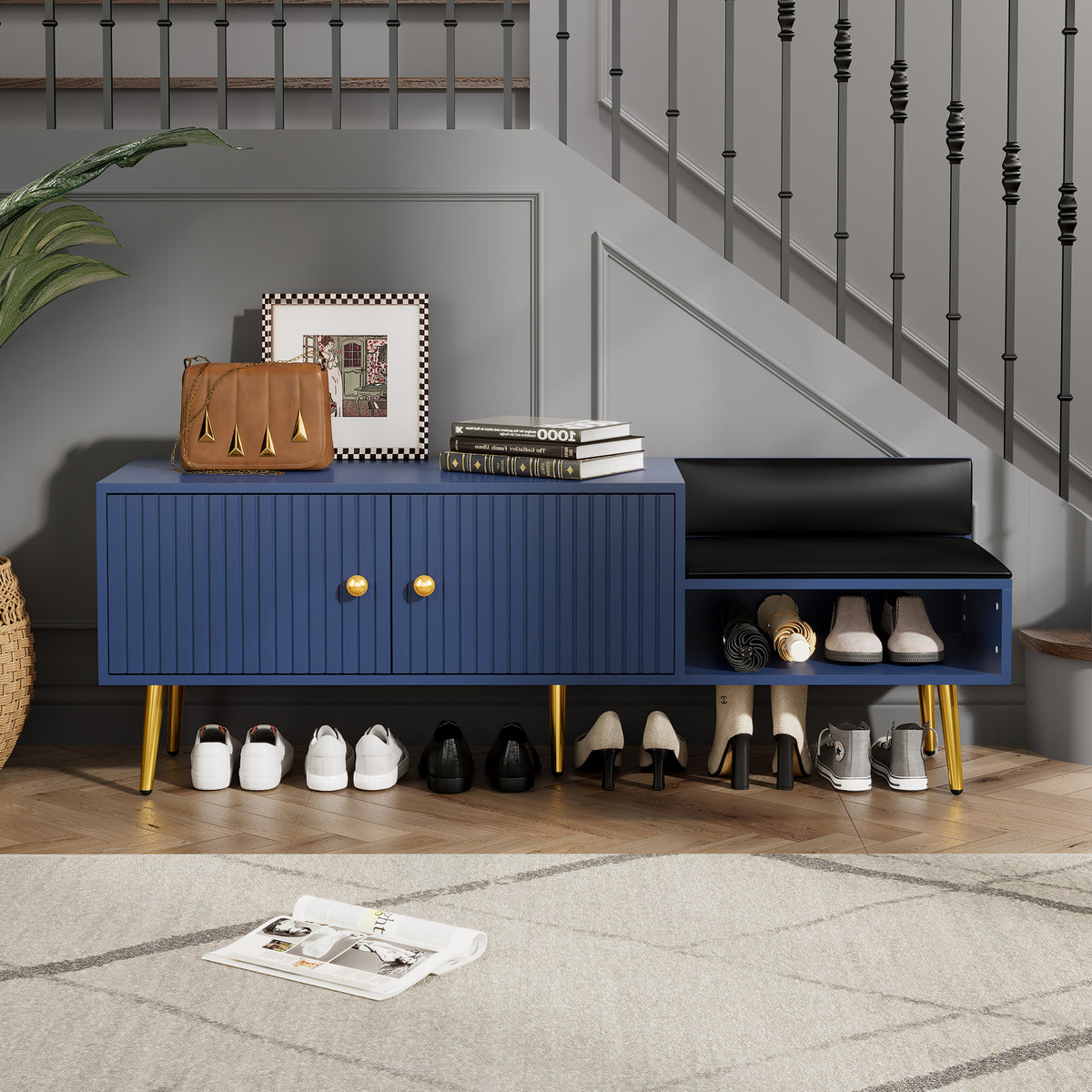 Modern Hidden Storage Bench Navy Upholstered Seat