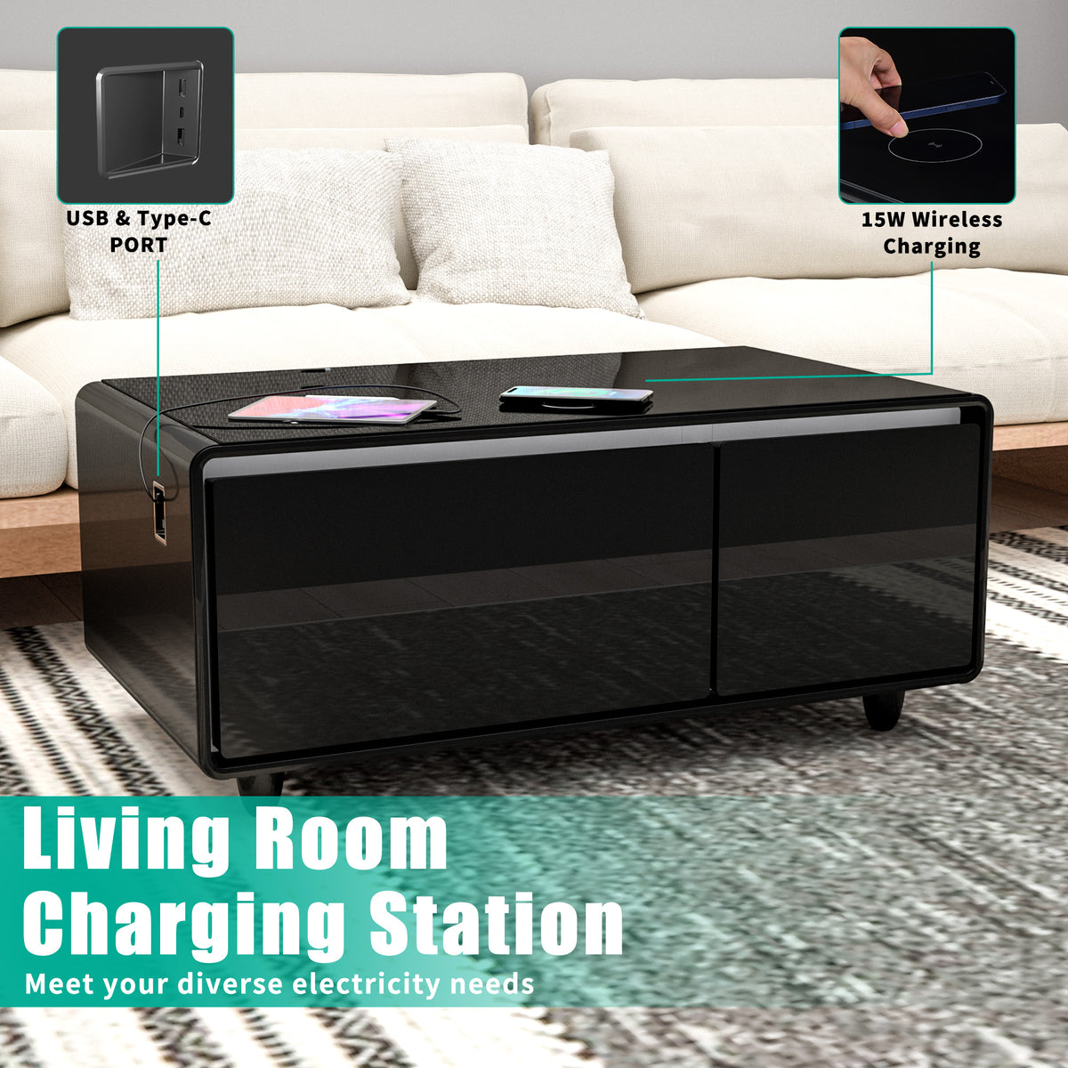 Smart Coffee Table with Bluetooth & USB Charging