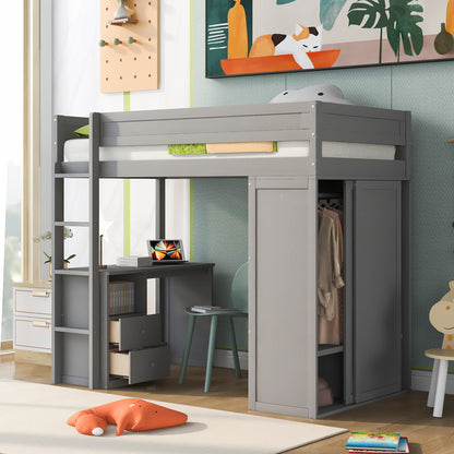 Twin Loft Bed with Wardrobe Gray