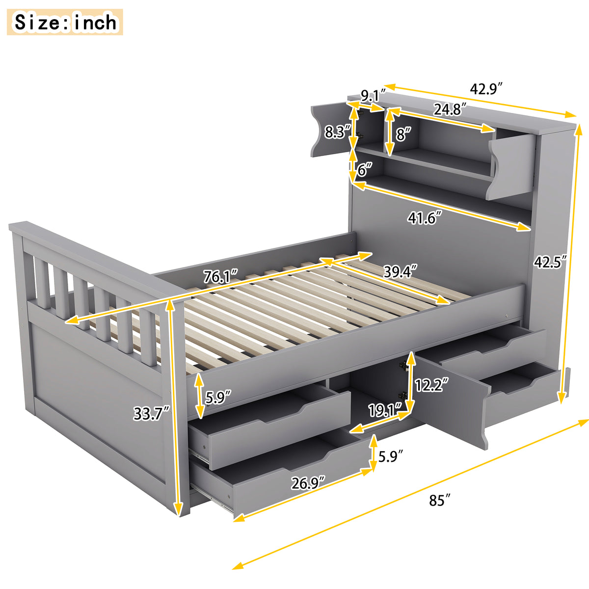 Twin Captain Platform Bed Gray