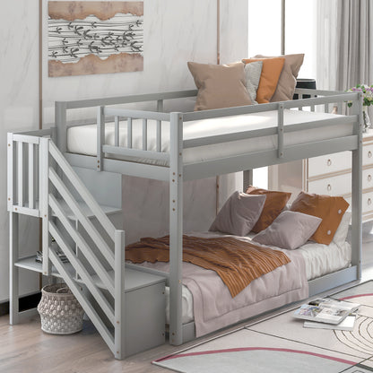 Twin Floor Bunk Bed with Ladder Gray