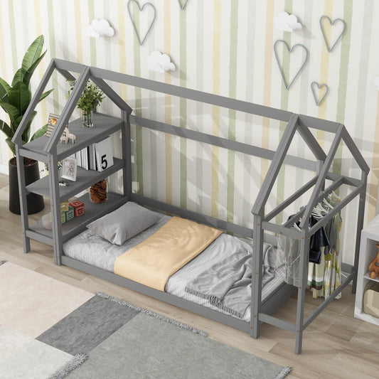 House Frame Platform Bed with Storage Gray