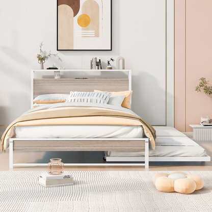 Full Metal Platform Bed with USB Ports White