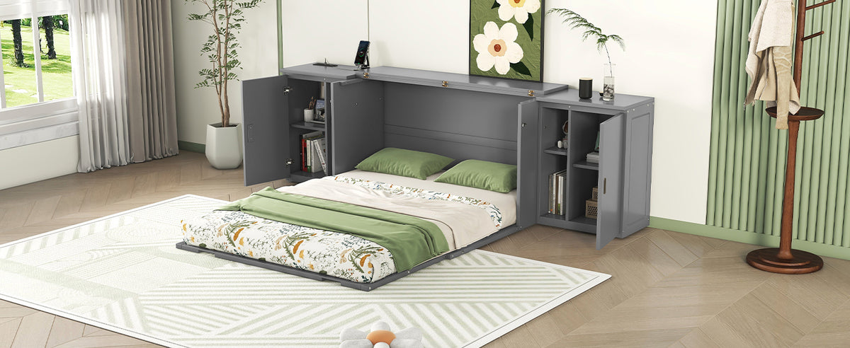 Queen Murphy Bed with Storage Gray