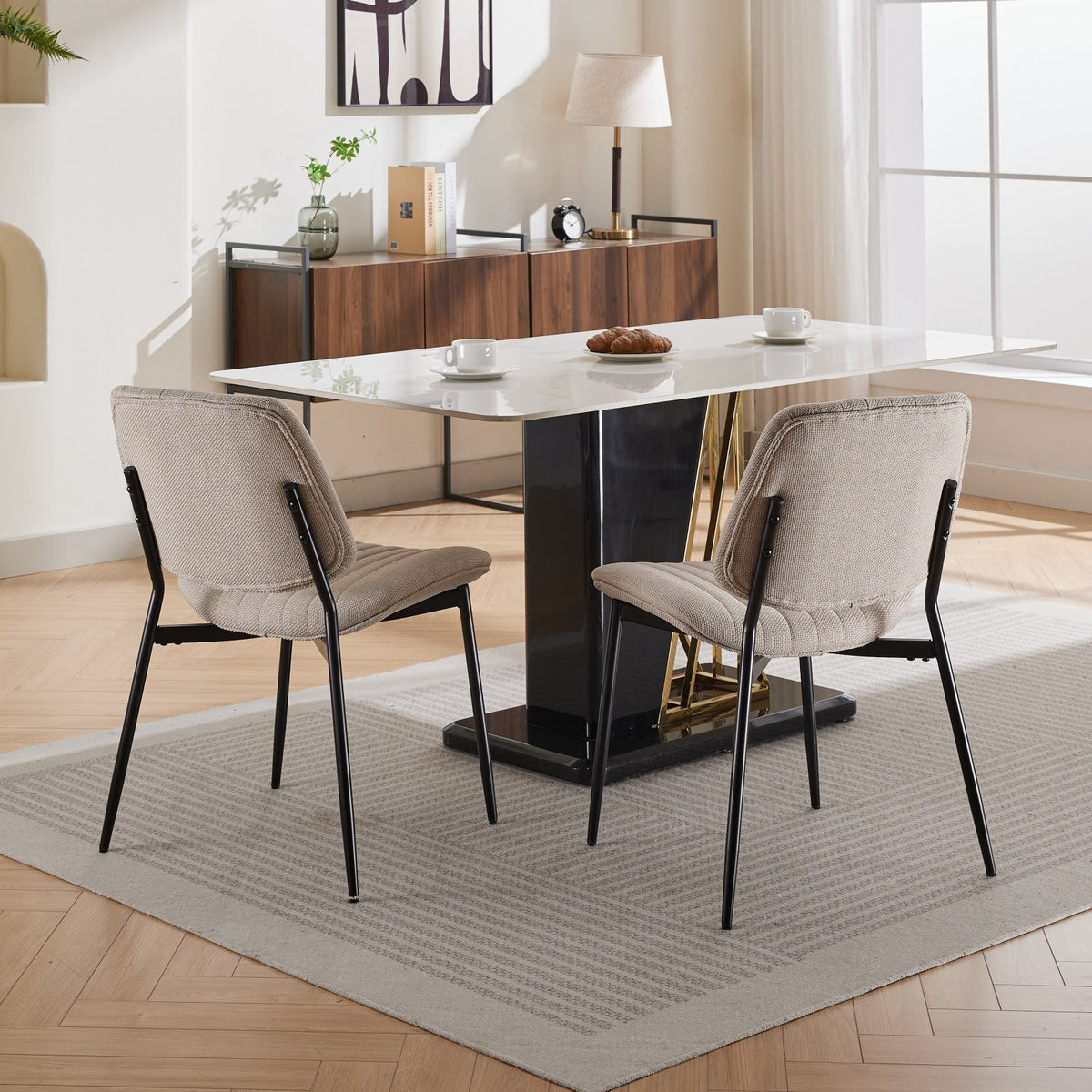 Beige 2-Piece Linen Dining Chair Set – Modern Retro Bentwood Back with Metal Legs