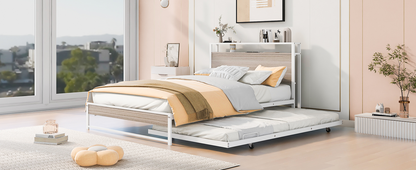 Full Metal Platform Bed with USB Ports White