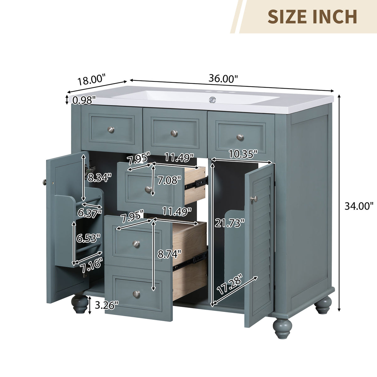 36-Inch Blue Bathroom Vanity with Resin Sink and Drawers