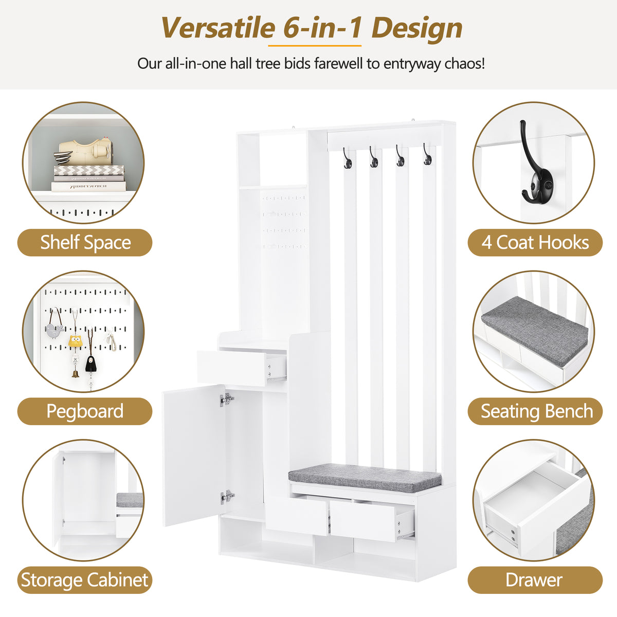 Hall Tree Shoe Cabinet – White Finish