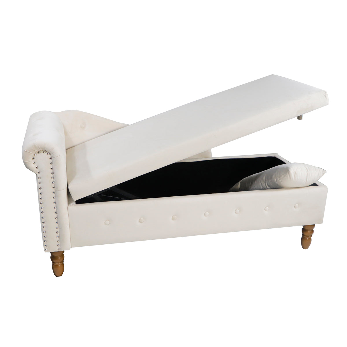 Beige Chaise Lounge with Storage and Pillow