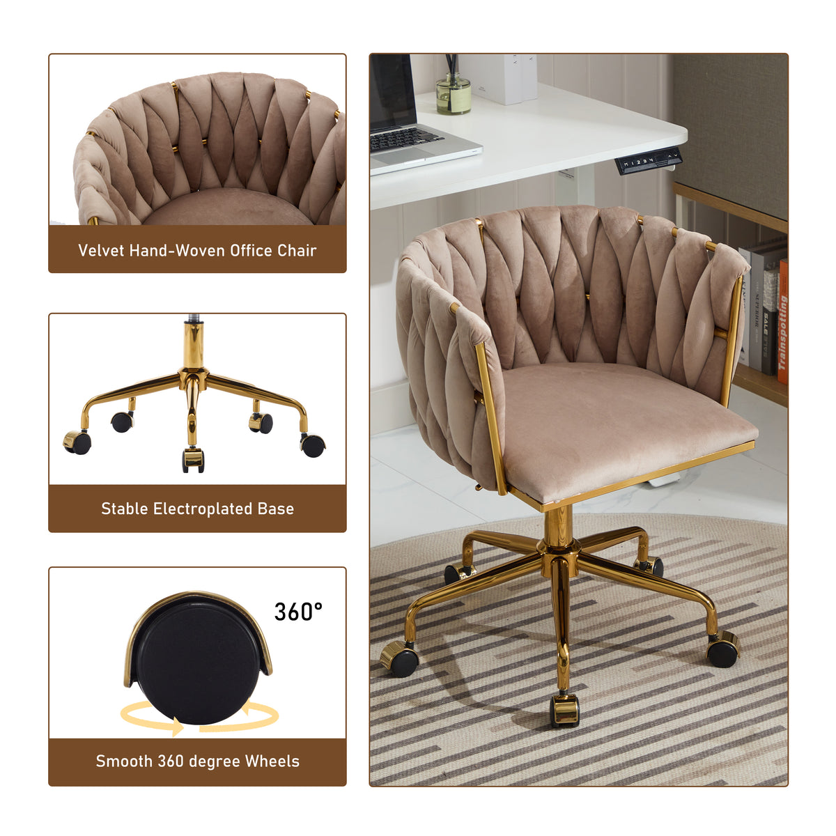 Velvet Vanity Chair with Handwoven Backrest Gray
