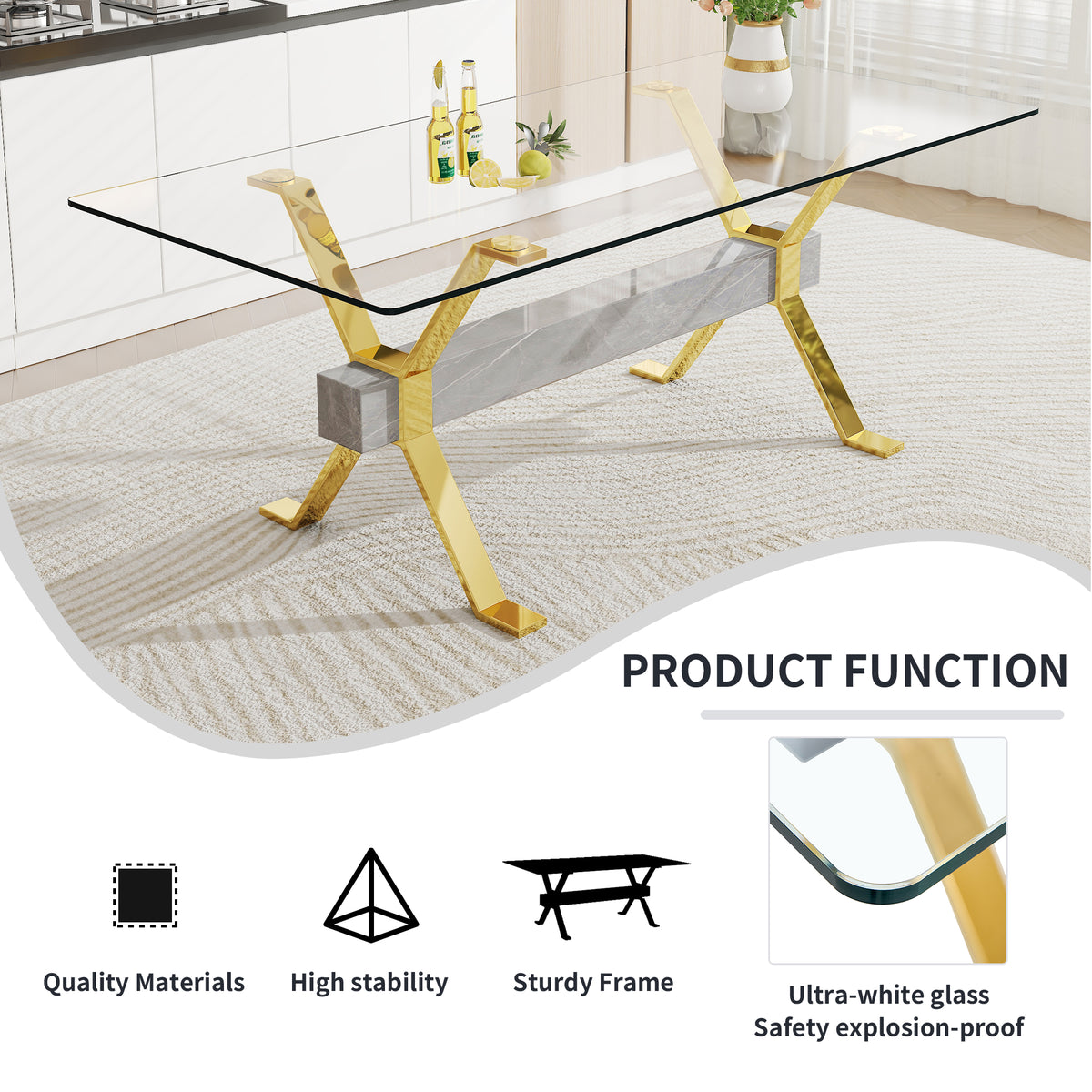 Glass Dining Table with Gold Metal Legs