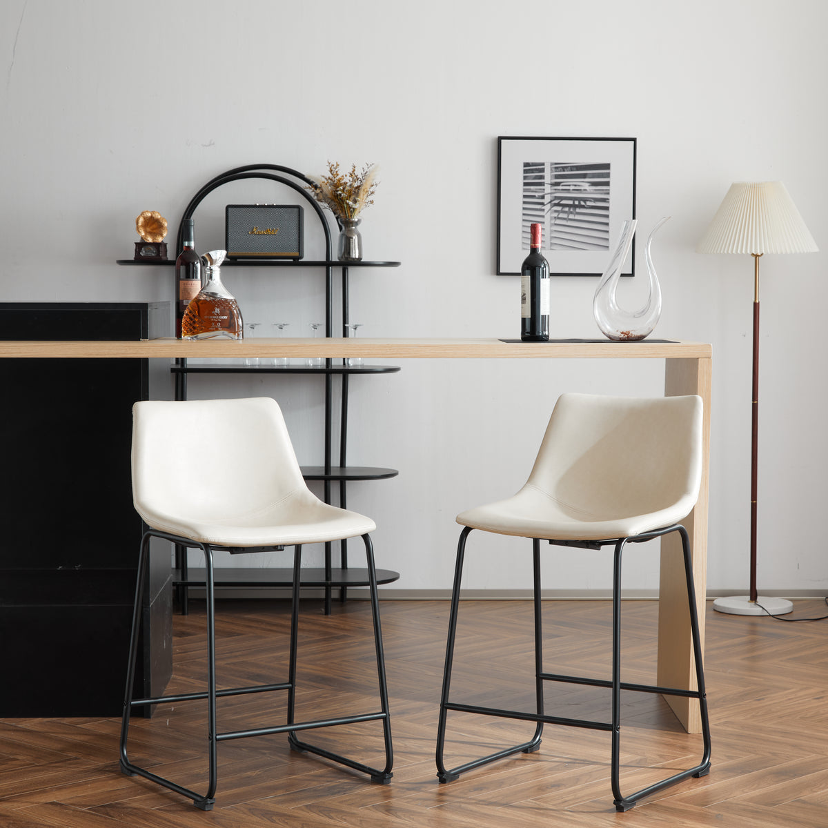 Retro Leather Bar Stool Set (2 pcs) – Cream & Black