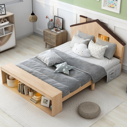 Full Platform Bed with LED Headboard – Natural Wood