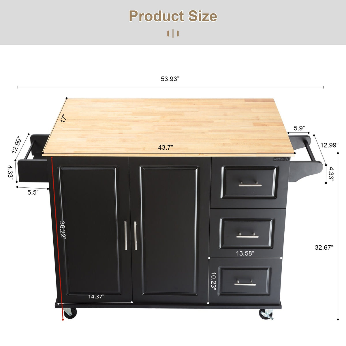 Extendable Kitchen Island with Rubber Wood Top