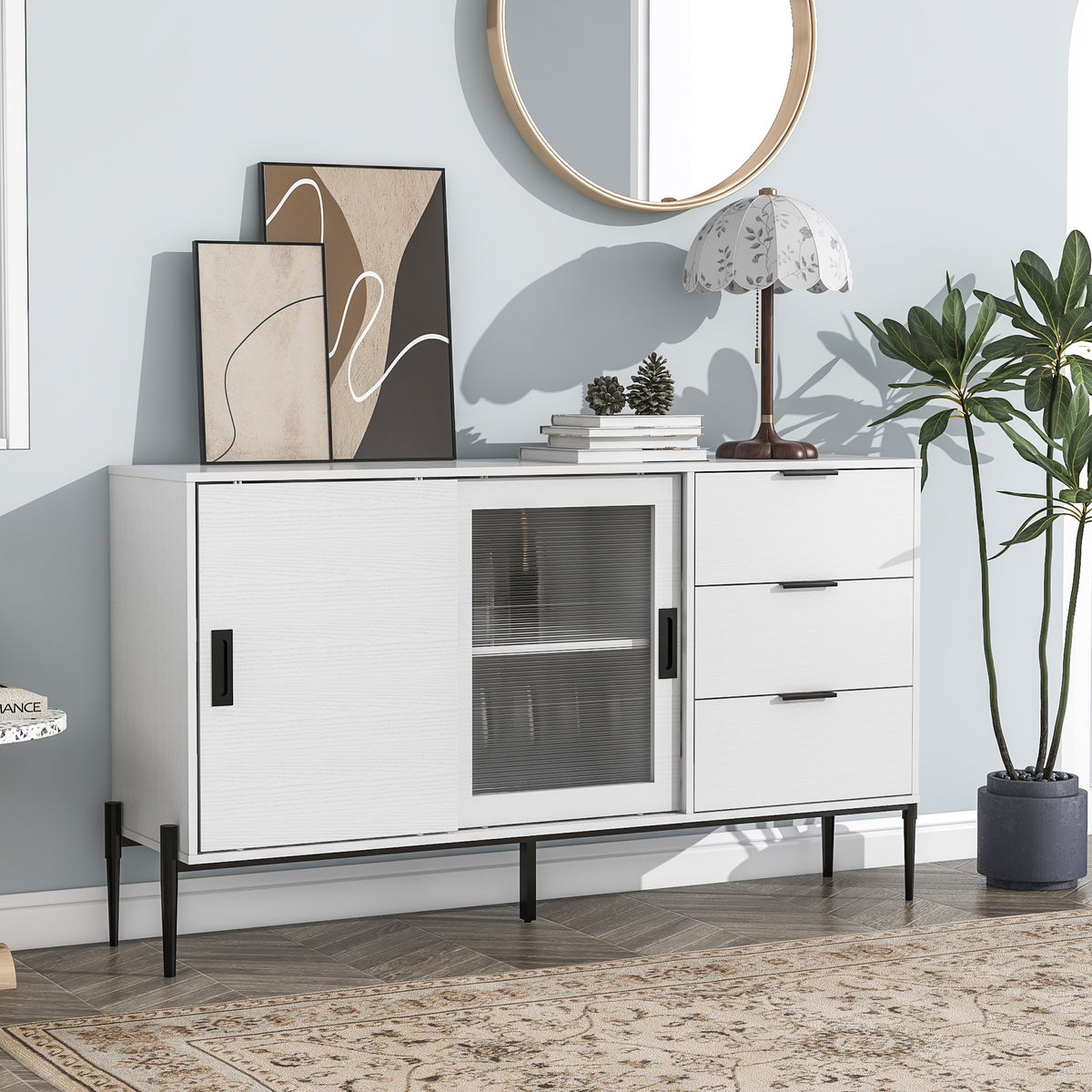 Modern White Console Cabinet with Sliding Doors