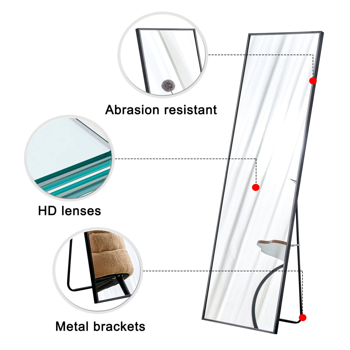 Full-Length Aluminum Mirror 65 x 23 Black Frame
