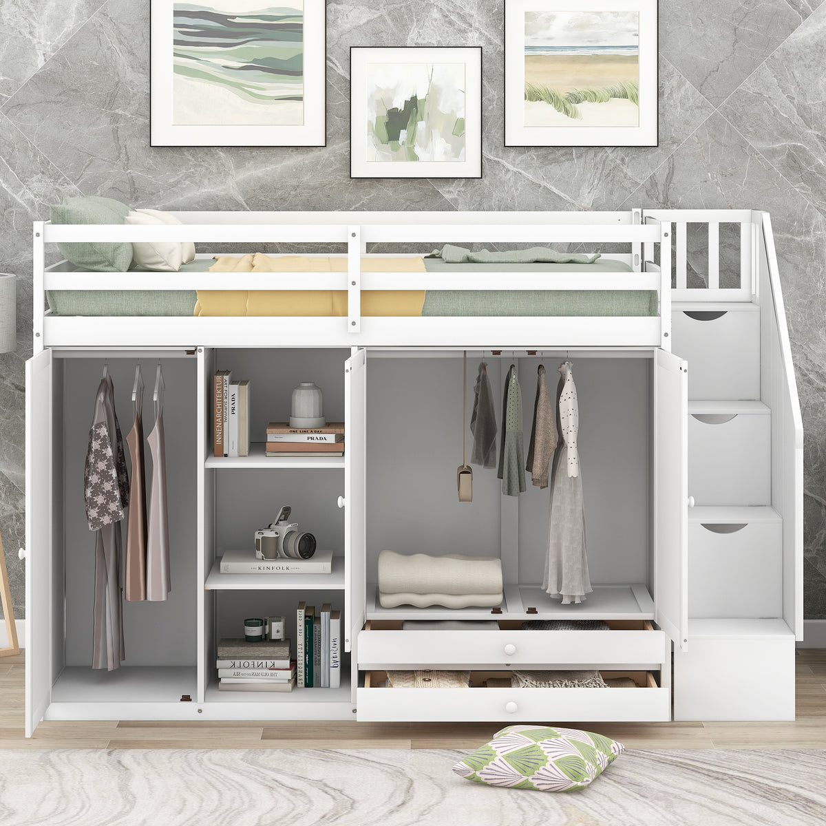 White Loft Bed with Storage and Ladder