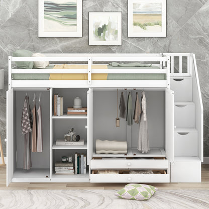 White Loft Bed with Storage and Ladder