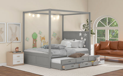 Queen Canopy Platform Bed with Drawers Gray