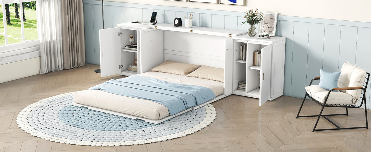 Queen Murphy Bed with USB Ports – White