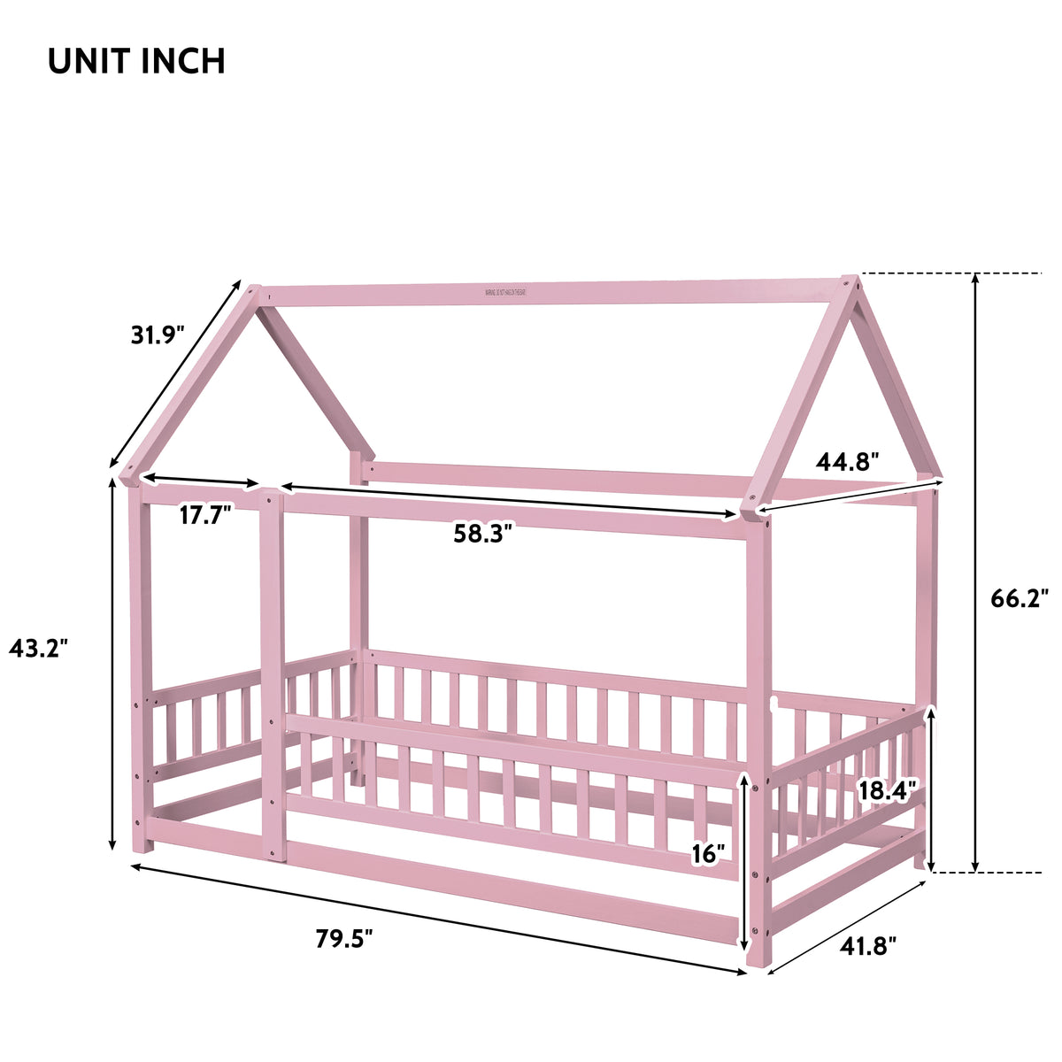 Twin Floor Bed with Fence Guardrails Pink