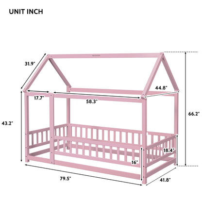 Twin Floor Bed with Fence Guardrails Pink