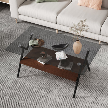 Rectangular Glass Coffee Table – Grey Wood Base
