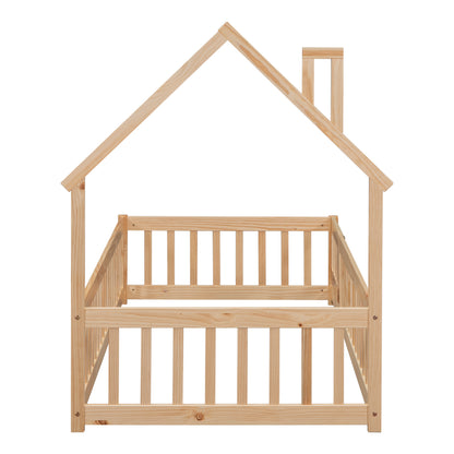 Metal House Floor Bed with Fence – Natural