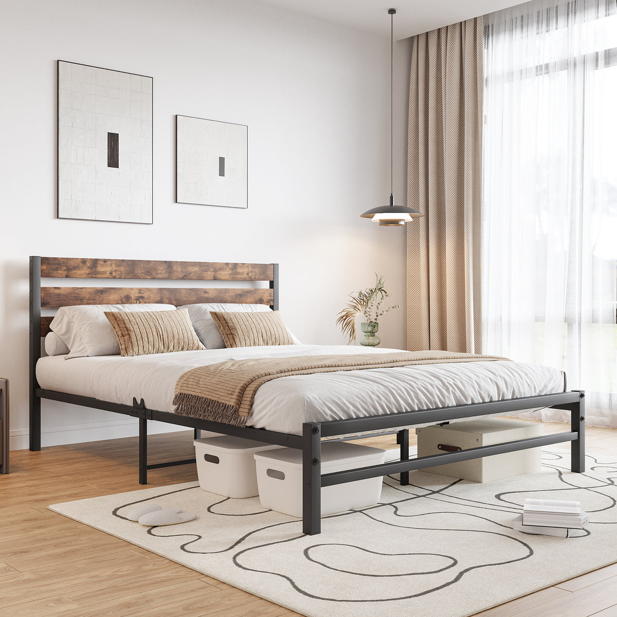 Queen Platform Bed with Rustic Wood Headboard Brown