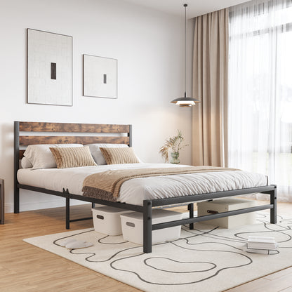 Queen Platform Bed with Rustic Wood Headboard Brown