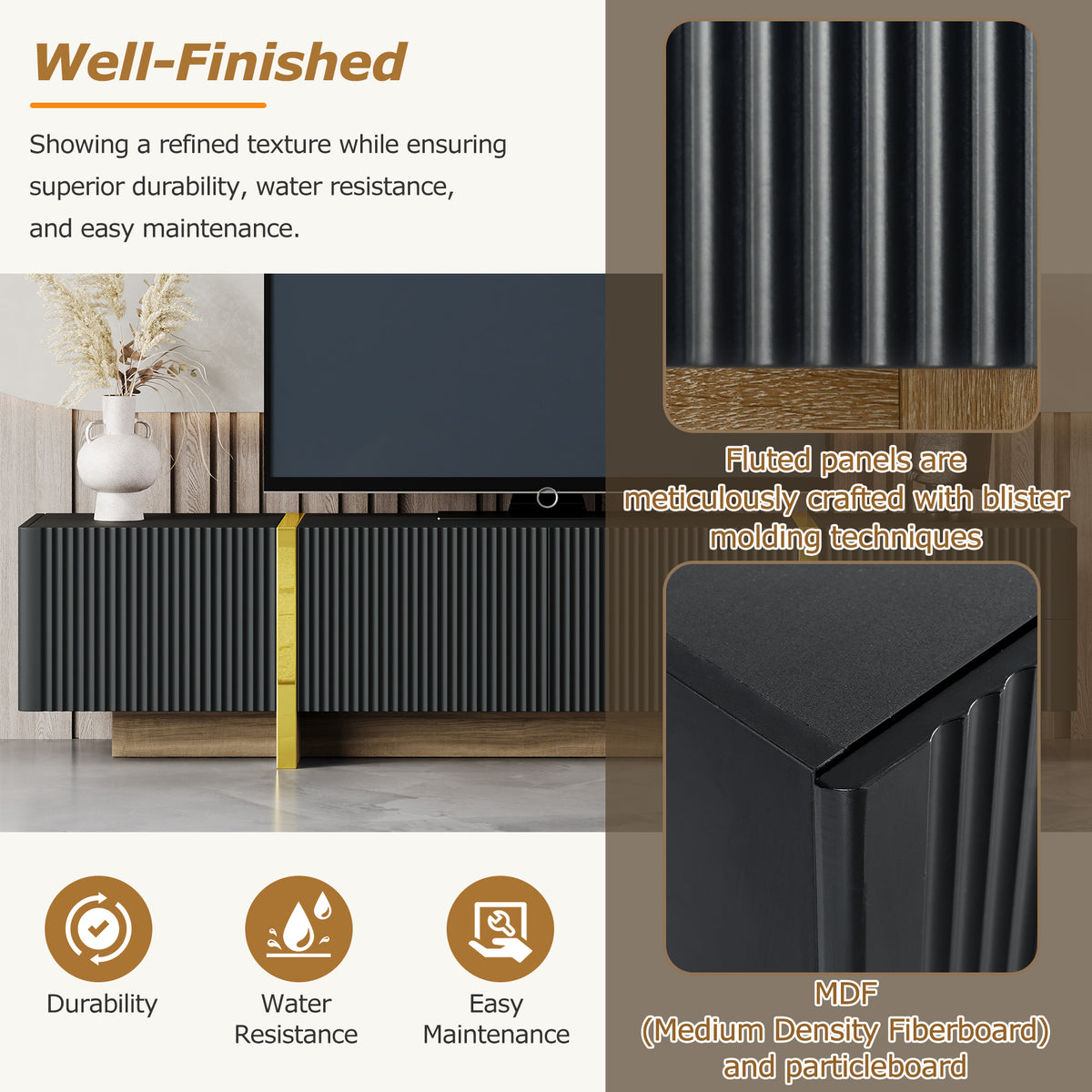 Luxury Fluted TV Stand Black