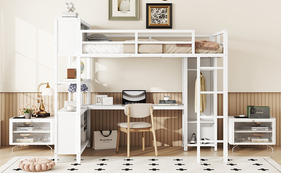 Full Loft Bed with Wardrobe and Shelf White