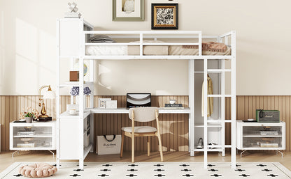 Full Loft Bed with Wardrobe and Shelf White