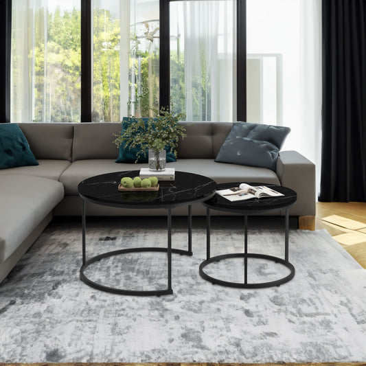 Nesting Coffee Tables Set of 2 Black Marble Top