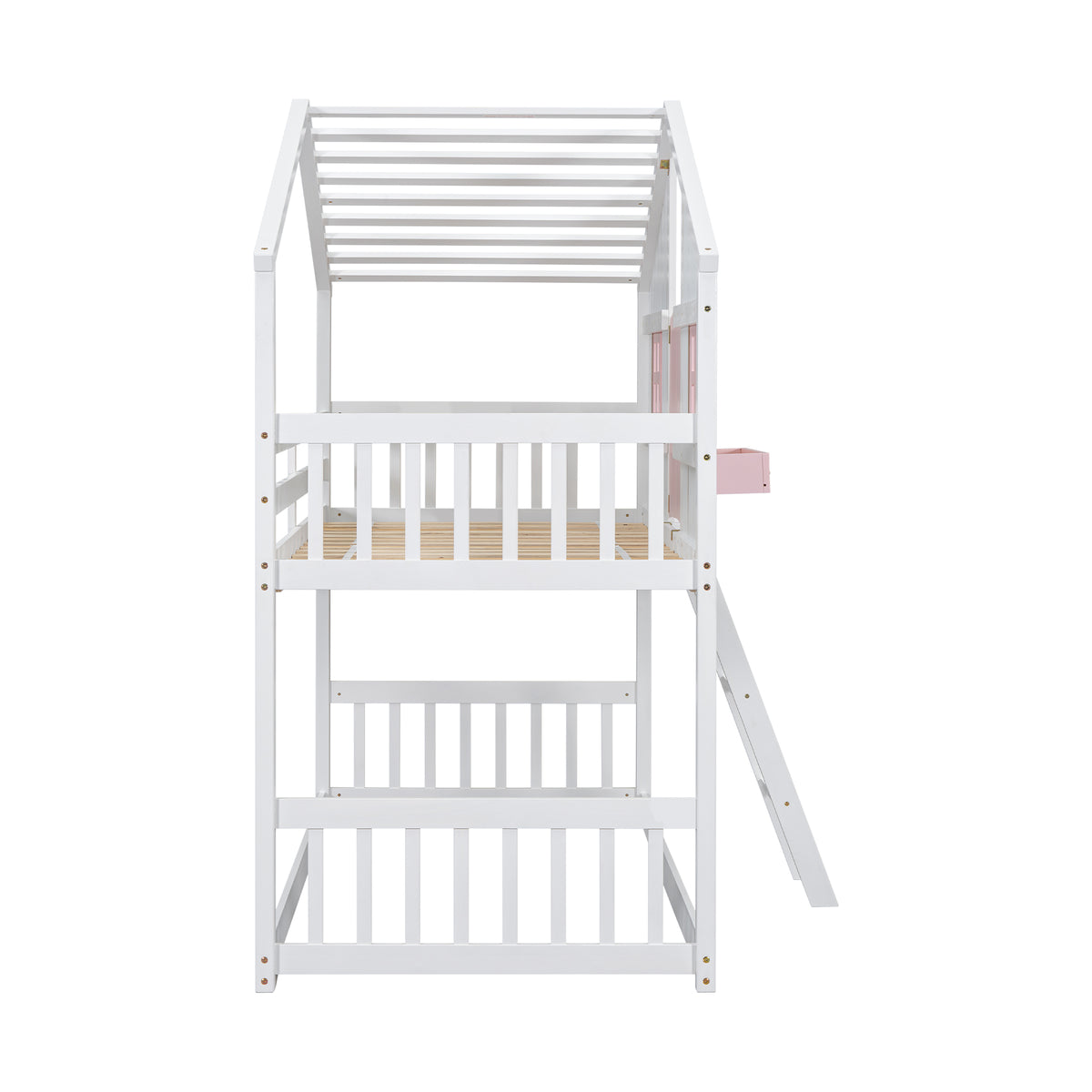 Twin House Bunk Bed with Ladder Pink White