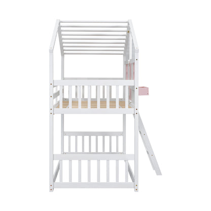 Twin House Bunk Bed with Ladder Pink White