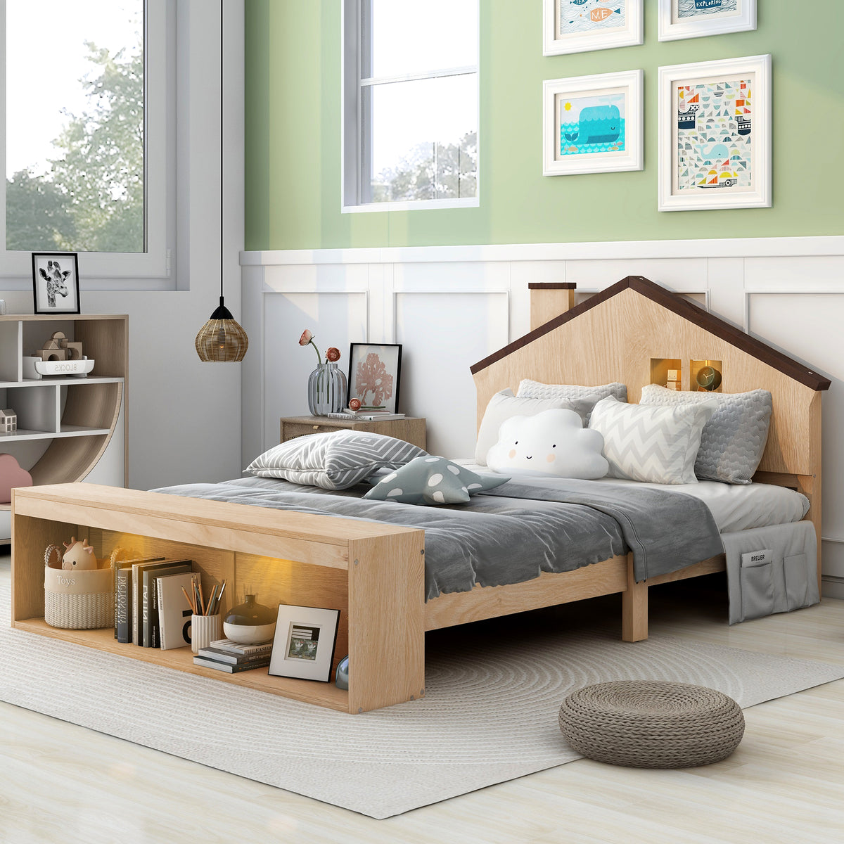 Full Platform Bed with LED Headboard – Natural Wood