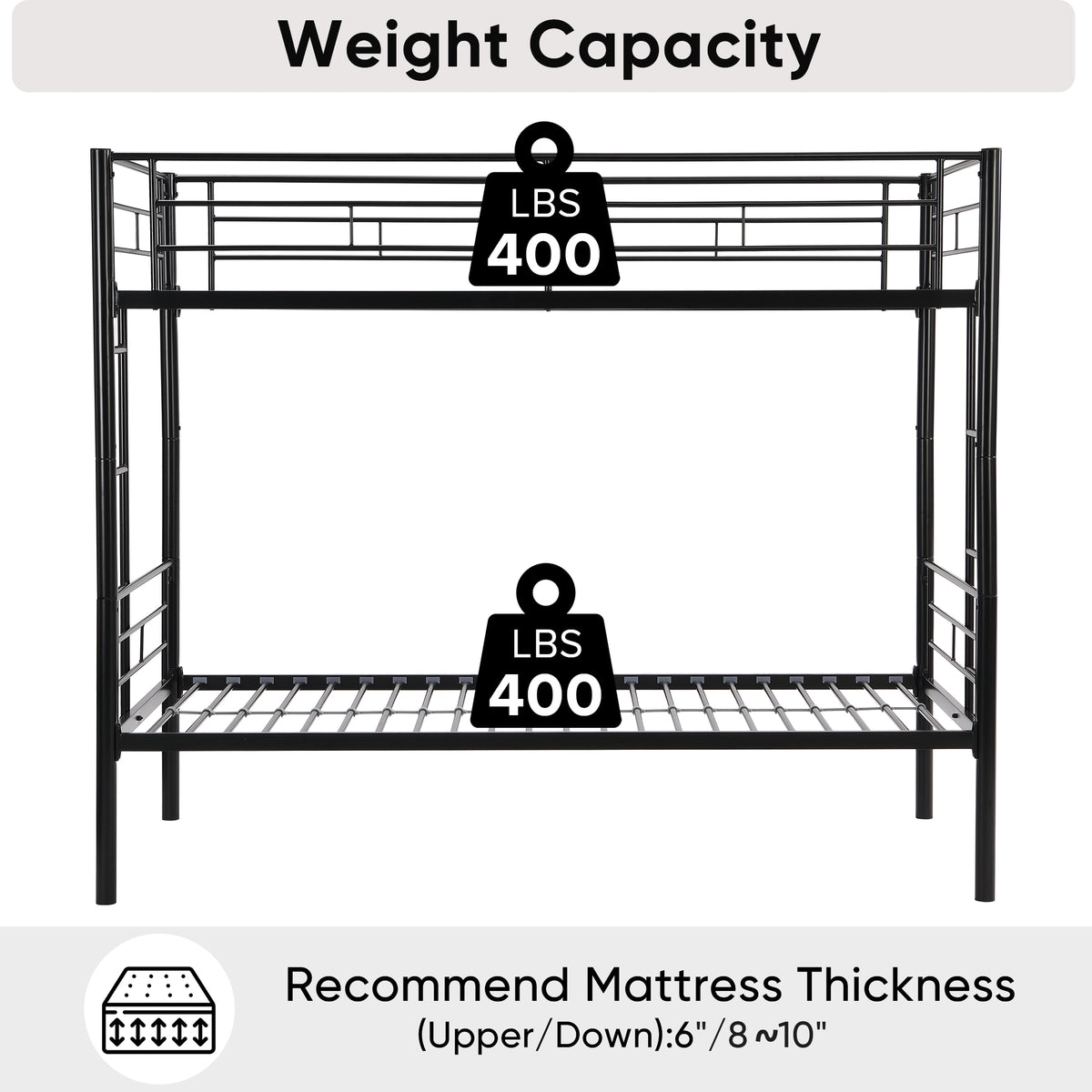 Full Metal Bunk Bed with Guardrails Black