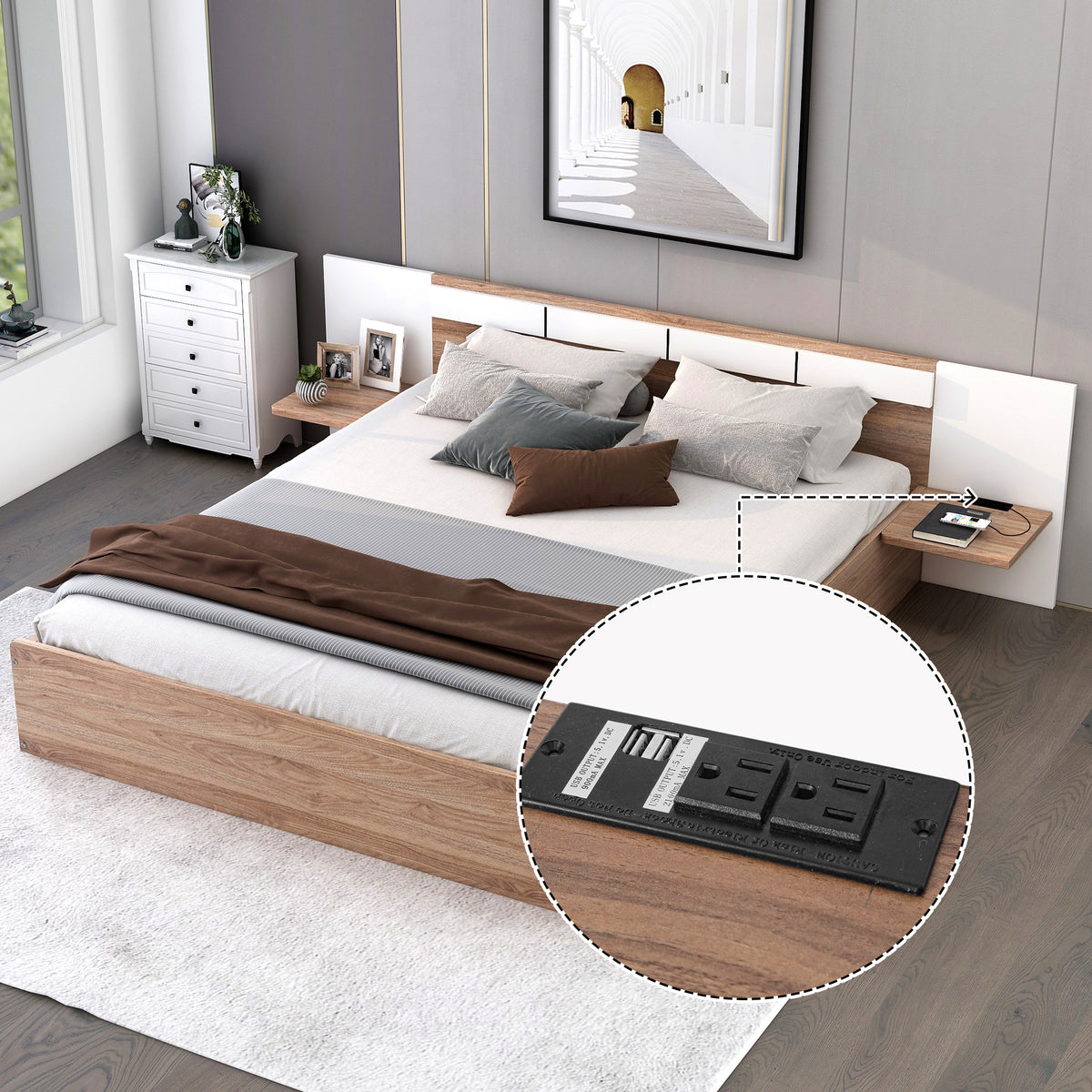 Queen Platform Bed with USB Ports Natural