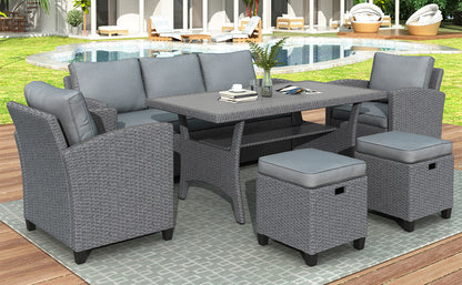 Outdoor Rattan Dining Set (6 pcs) – Gray Mat