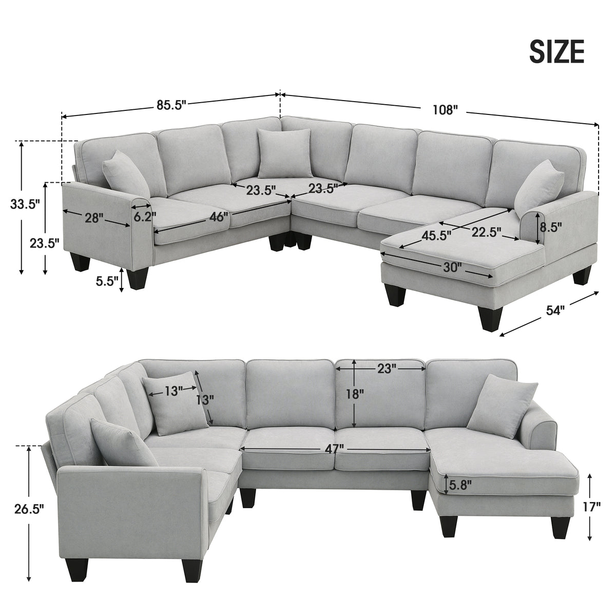 Modern U-Shape Sectional Sofa Light Gray